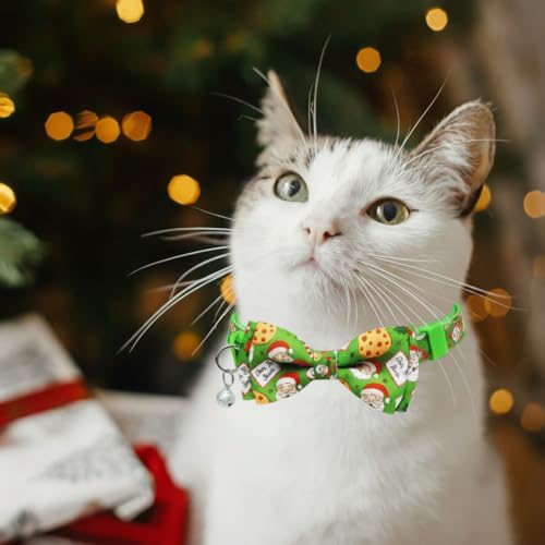 2 Pack Christmas Dear Santa & Cookie Mail Design Collars with Removable Bow Tie & Bell, Holiday Breakaway Safety Buckle Collar for Boys and Girls Kitties and Kitten(Red&Green)