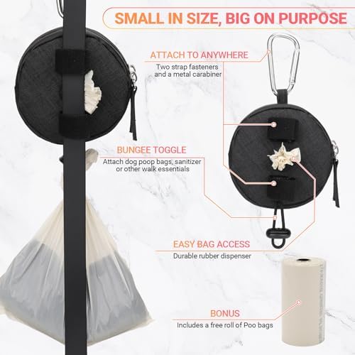 Dog Poop Bag Holder for Leashes- Dog Treat Pouch with Waterproof Zipper,Puppy Training Small Bag with Carabiner & Bungee Toggle,Two Pockets for Dry or Wet Treats-Pet Travel Walking Essentials (Black)