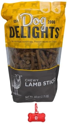 Premium Dog Treats, Dog Delights Chewy Lamb Sticks, No Artificial Preservatives,No Additives or Colors, 44 oz with Bone Waste Bag Dispenser