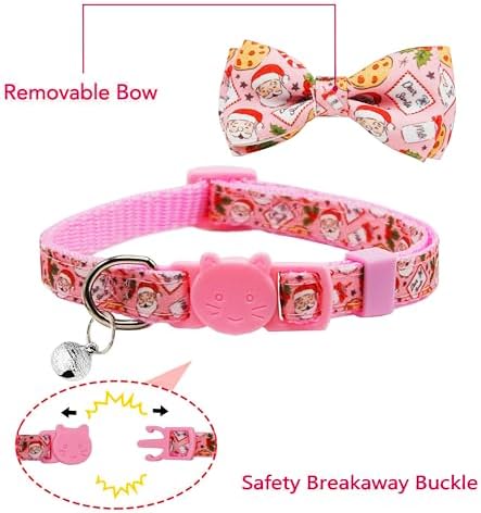 Christmas Cat Collar 2-Pack - Cute Santa & Cookies Holiday Collars with Removable Bow Tie & Bell, Adjustable Breakaway Safety Buckle for Kitties Kittens (Pink & Blue)
