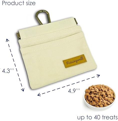 Raisingwell Dog Treat Pouch, Lvory Pocket Sized Pet Training Pouch, Cotton Fabric, Hand Free Dog Walking Bag with Carabiner, Self-Closing Pet Feed Snack Reward, for Puppy Travel or Outdoor Use