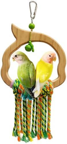 Wooden Bird Swing Toy with Rope Perch, Fish Shape, Hanging Cage Accessory for Parrots (Colorful, Green Wood Swing)