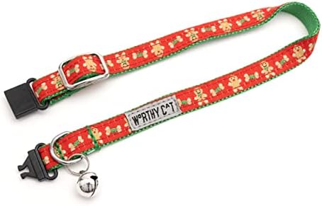 THE WORTHY DOG Christmas Patterns, Breakaway Cat Collar with Bell, Red