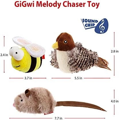 Gigwi Interactive Cat Set - Squeaky Feather Toys for Indoor Cats, 3PCS Plush Pack Including Mouse Hunt, Chase Bird, and Chirping Bee