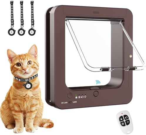 Smart Cat Door for Interior & Exterior, Cat Pet Door with 3 Collar Sensor Keys & 1 Remote Control & 4 Way Locking Cat Flap with RFID Collar Activated Opening SmartPetDoor