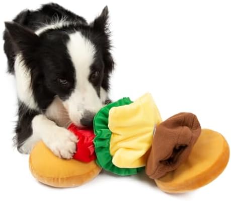 Cheeseburger Snuffle Toy, Interactive Enrichment Plush Toy with Squeaker, Treat-Hiding Pockets