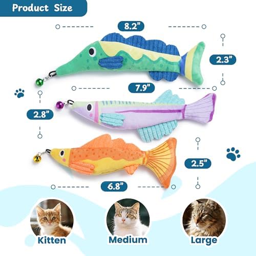 Catnip Toys, [12000mg] Extra Large Toys for Indoor Cats with Removable Bell, 100% Natural North American Catnip Floppy Fish Cat, Crinkle Sound & Soft Cotton-Free Surface