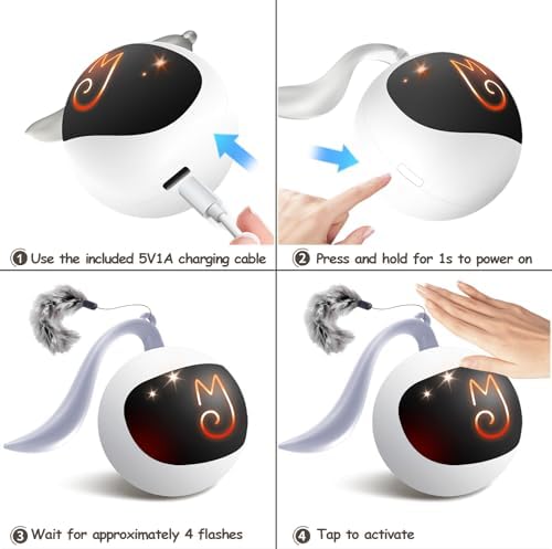 Migipaws Interactive Cat Ball Toy Set, Fun Tracker, Automatic Rolling Chase Ball with Fluffy Tail, A Small Mice, Rechargeable (White)