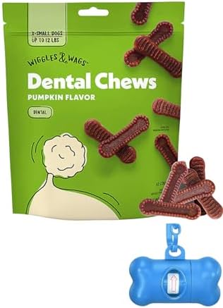 Wiggles & Wags Dental Chews for Large Dogs, Pumpkin Flavor, 12 Ounces with DN Essentials Bone Shaped Dispenser & Roll