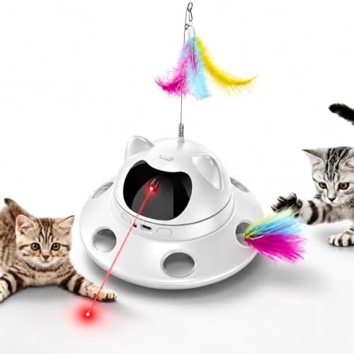 3-in-1 Auto Laser Cat Toy, USB Recharge Motion Activated Kitten Feather Chase Toy - Pure White