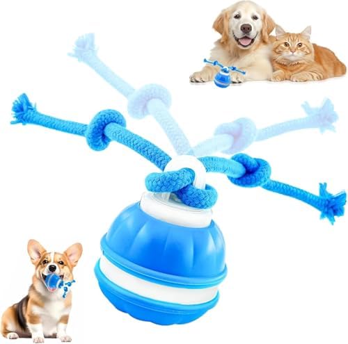 Interactive Dog Toys, Automatic Rolling Ball, Squeak Dog Toys for Boredom Interactive, Touch Activated, Dog Ball Chew Toy with Fun Rope for Small/Medium Dog Cat Indoor/Outdoor (Blue)