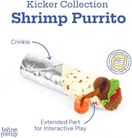 P.L.A.Y. Cute Cat Toys - Feline Frenzy Interactive Kicker Toy, Burrito Food Themed Catnip Filled Toy, Great for Adult Cats and Kittens - Double Stitched, Recycled Materials, Crinkles (Shrimp Purrito)
