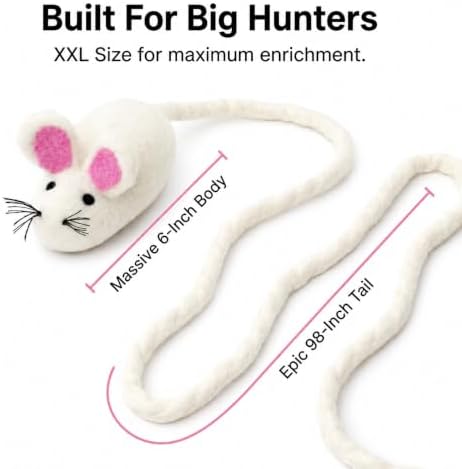 Glaciart One XXL Felt Mouse Cat Toy – 6” Body + 98” Tail – Large Cat Enrichment Toy – 100% Natural Wool with Catnip – Interactive Teaser for Big Cats – Safe Non-AZO Dyes