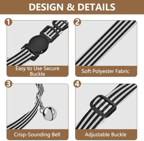 2 Pack Cat Collar Black White Stripes Small Dog Collar with Bell, Adjustable Length 10.6" to 17.1"