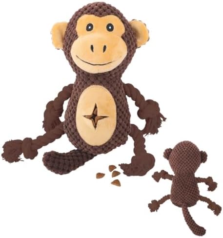 Dog Squeaky Chew Toy, Plush Crinkle Rope Dog Toy - Brown Monkey