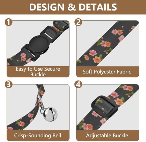 Cherry Blossom Flowers Green Leaf Cat Collar with Bell 2 Pack Kitten Collar Adjustable Length 10.6" to 17.1"