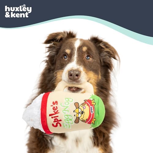 Huxley & Kent Funny Dog Toy w/Squeaker – Holiday Power Plush Squeaky Dog Toys for Small, Medium & Large Dogs – Soft Stuffed Animal for Indoor Play & Fetch - Spikes Egg Nog, Small