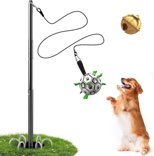 QDAN Tether Tug Outdoor Dog Toy, Durable Interactive Dog Toy with Adjustable Pole, Outdoor Toys for Dogs, Soccer Ball, Self-Play & Tug of War Toy for Small Medium Large Dogs