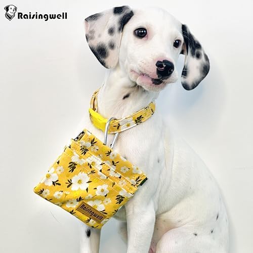Raisingwell Dog Treat Pouch, Pocket Sized Pet Training Pouch, Cotton Fabric, Hand Free Yellow Flower Dog Walking Bag with Carabiner, Self-Closing Pet Feed Snack Reward, for Puppy Travel or Outdoor Use