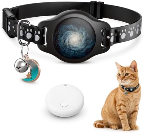 Cat Tracker Collar with Finder Tag - Waterproof Airtag Cat Collar, Black | Breakaway Tractive with Reflective Pattern & Bell, 8-12", Compatible with Apple Find My (iOS ONLY Not for Android Devices)