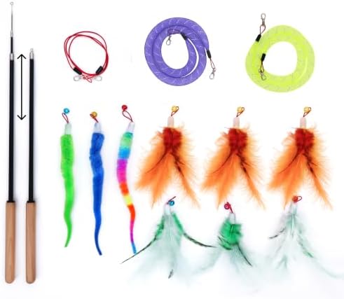 Cat Toys for Indoor Cats, Interactive Cat Wand Toy Set – 2 Retractable Wands with Wooden Handles, 9 Refills (Feathers & Worms) – 2 Mesh Tube Strings & 1 Elastic String for Cats and Kittens