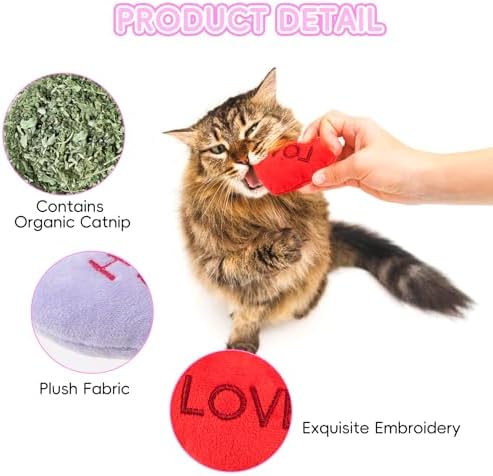 6pcs Valentine's Day Heart Catnip Toy，Valentines Indoor Heart Shaped Cat Toy Plush Interactive Chew Bite Toys for Cat Kitten Indoor Festive Holiday Cat Lover Gift