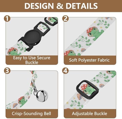 Cute Green Frogs Mushroom Metal Bell Included Cat Collar 2 Pack Collars for Cats