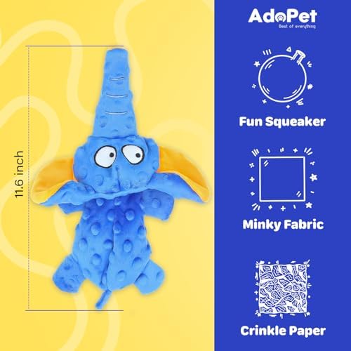 Squeaky Octopus Dog Toy – No Stuffing, Crinkle Sound Plush Chew Toy for Small and Medium Dogs – Durable and Machine Washable – 2 Pack (Blue Elephant)
