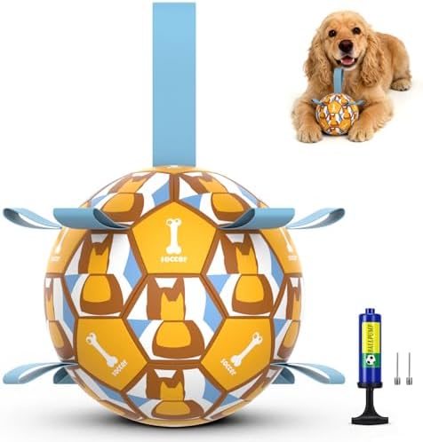 Dog Toy Balls, Dog Soccer Ball with Straps, Interactive World Cup Soccer Ball for Medium Dogs, Water Fetch Toys, Tug-of-War, Herding Ball Toys Outdoor, Dog Birthday Toy, Light Blue (6 Inch)