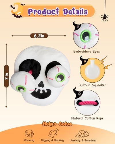 Swooflia Halloween Tug of War Dog Toy-Squeaky Plush Toy with Rope for Medium Large Breed Dogs to Keep Them Busy, Funny Skull Interactive Doggie Toys