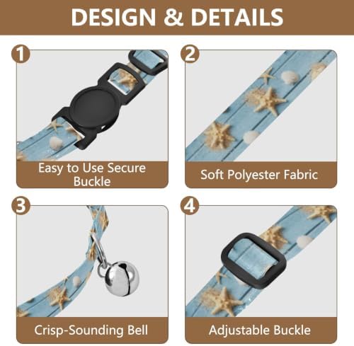 Seashells Wooden Blue Soft Cat Collar, 2 Pack Cat Bell Collar
