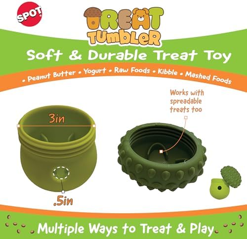 SPOT Treat Tumbler Broccoli – Freezable & Fillable Treat Dispensing Dog Toy for Small & Medium Dogs, Silicone, Easy to Clean, Interactive, Holds Small Kibble & Soft Snacks, 4.38 in