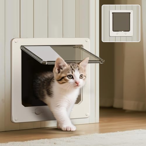 LIBBEPET Thin Interior Cat Door, 4 Way Locking Flap for Cats ≤13 lbs，Medium | Fit Doors 0"-0.8" Thick, Outer Size 7.5"x8.7", Anti Escape Rotating Lock, Magnetic Auto-Reset Flap, Weatherproof Brush Strips