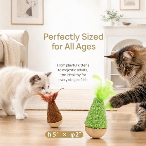 Wooden Wobble Cat Toy for Indoor Kitten, Interactive Tumbler Cat Toy for Small Medium Cats (Brown)