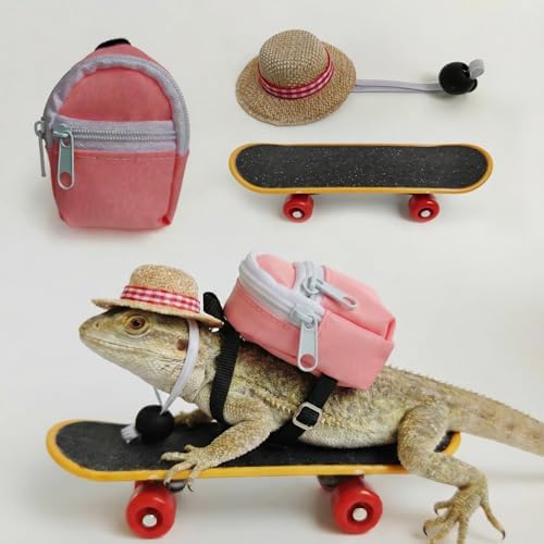 3 Pack Bearded Dragon Toy Set Includes a Bearded Dragon Backpack, an Adjustable hat, and a mini Skateboard Toy, for Small Reptile Pets Such as Lizards, Hamsters, Parrots, and Turtles.（Pink）