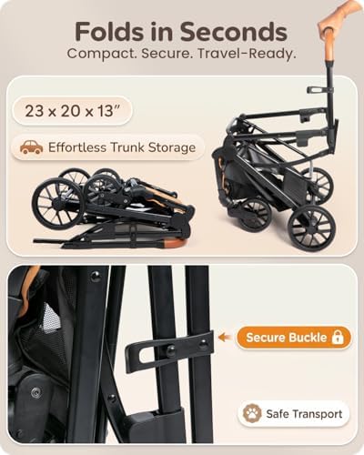 Pet Stroller with Detachable Carrier for Small & Medium Dogs & Cats, Smooth Comfort Ride with Shock-Absorbing Suspension, Foldable Dog Stroller, Compact Storage (Midnight Black)