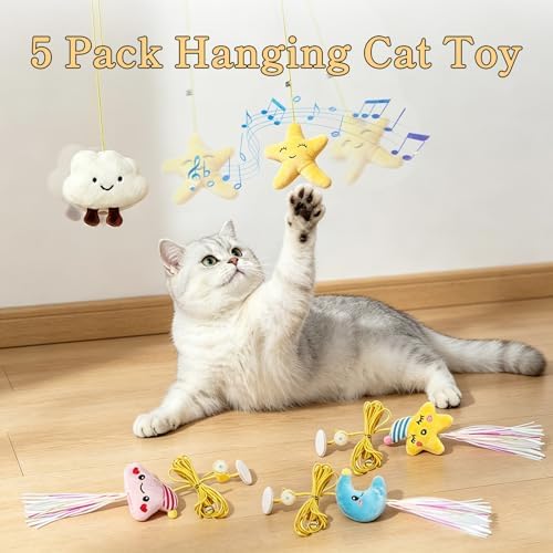 Hanging Door Cat Toy with Elastic String, Interactive Cat Toys for Indoor Cats, Retractable Door Hanging Cat Teaser with Bell/Feather/Plush for Self-Play (5 Pack)