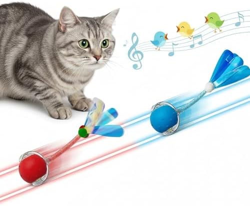 Interactive Cat Toys Ball for Cats - Upgrade Automatic Cat Toys for Indoor Cats, Chirping Cat Toy, 3 Modes 2 Speed Moving Cat Ball with Dragonfly Feathers 2PCS (Red Blue)