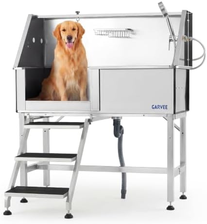 Professional Stainless Steel Dog Washing Station 46 Inch – Heavy Duty Pet Grooming Bathtub – Brushed Finish – Access Stairs – Grooming Arm & Showerhead – for Home or Salon – Left Opening Door