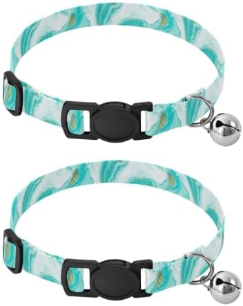 Turquoise White Marble Comfortable Cat Collar, 2 Pack Small Dog Collar with Bell