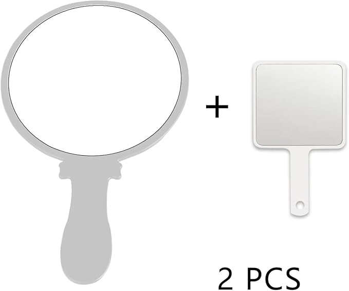 PDOZV Hand Mirror, 2 Pcs Portable Hand Mirrors with Handle, See Back of Head Haircut Personal Handheld Travel Small Ladies' Makeup Eyelash Mirrors (White, 5.91" L x 9.84" W (Round))