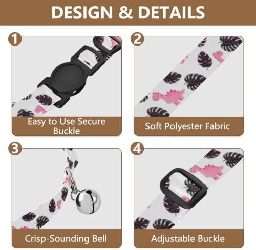 Cute Dinosaurs Black Tropical Leaf Cat Bell Collar 2 Pack Pet Collars Adjustable 10.6 to 17.1 Inches