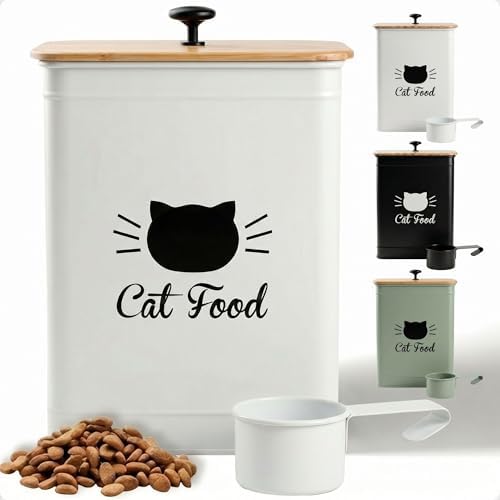 Metal Cat Food Container with Scoop 5-7 lb (25 Cup), w/ Airtight Bamboo Lid