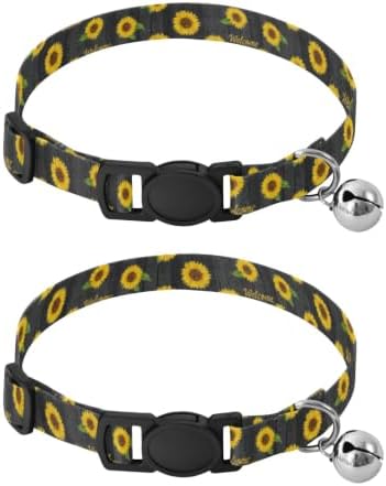 2 Pack Small Dog Collar Sunflowers Green Leaf Wood Cat Collars with Bell, Adjustable 10.6 to 17.1 Inches