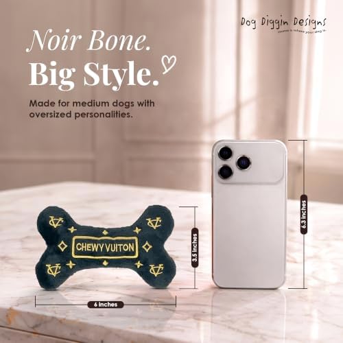 Dog Diggin Designs Chewy Vuiton Noir Plush Dog Toy Bone | Luxury-Inspired Parody Designer Bone with Squeaker, Soft Plush Chew & Play Dog Toy – Prêt-à-Porter Play!