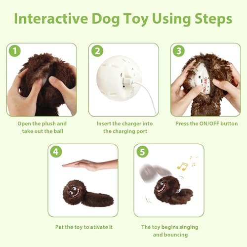 PETGEEK Interactive Dog Toys Ball - Upgraded Automatic Squeaky Vibrating Dog Ball, 900mAh Rechargeable Bouncing Ball with Washable Plush Cover, Crinkle Dog Toy with Recording Music(6 Inches, Brown)
