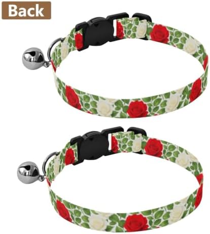 Red White Roses Green Leaf Pet Collars for Cats, 2 Pack Bell Collar for Small Dogs