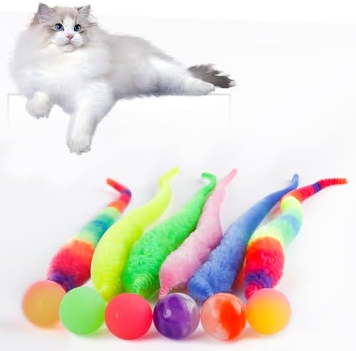 Bouncy Ball With Tail Cat Toy, 6 Packs Rainbow Magic Worm With Ball for Cats, Colorful Fuzzy Worm Bouncy Balls (Rainbow Large)