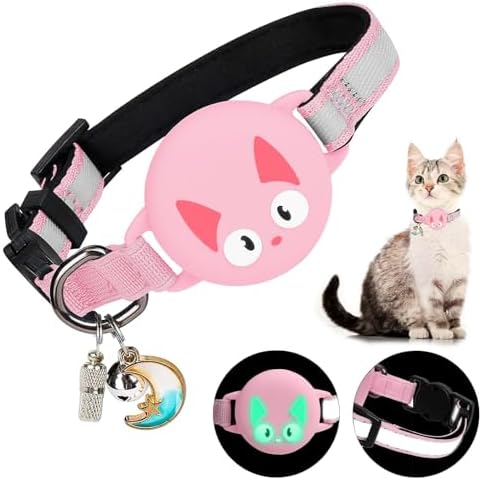 Reflective Breakaway Cat Collar for AirTag (1st & 2nd) Holder - Waterproof Safety Buckle Kitten Collar with Bell, Luminous Lightweight GPS Tracker Case for Apple for Air Tag (Blossom Pink)