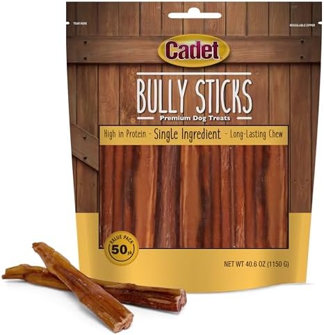 Cadet Bully Sticks for Small Dogs – All-Natural Beef Pizzle, High Protein, Low Fat, Long-Lasting, Grain & Rawhide-Free Dog Chews for Aggressive Chewers, Small (50 Count)